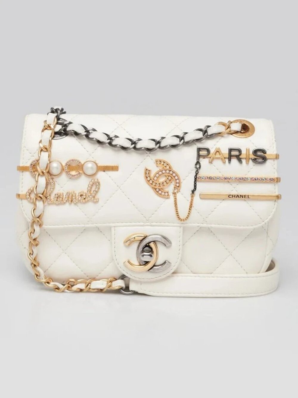 Chanel White Quilted Lambskin Leather Coco Clips Rectangular Mini Flap Bag
